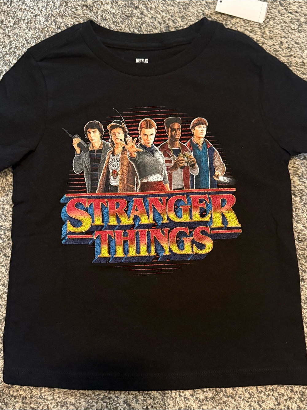Netflix Stranger Things Tee - Black with Red, Yellow & Blue Logo